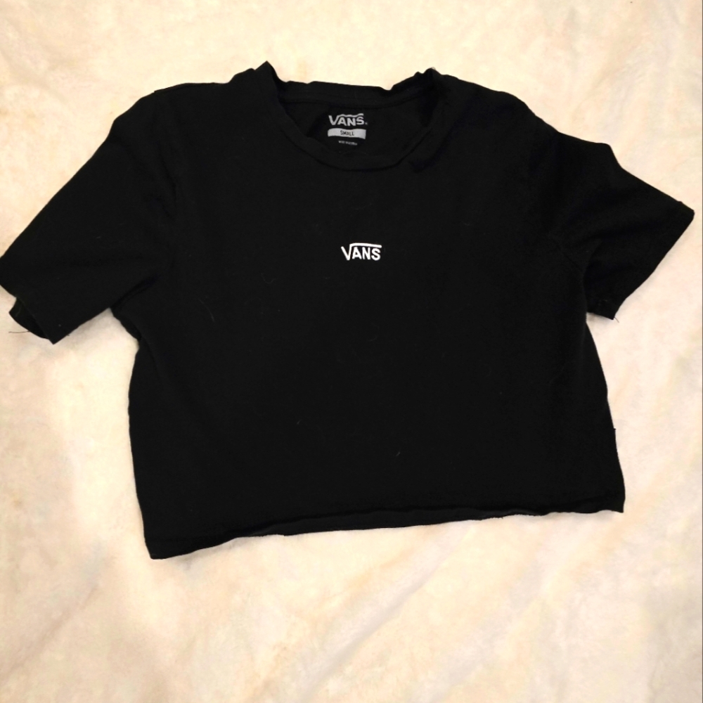 Vans womens crop t shirt size small, black, white stitched logo